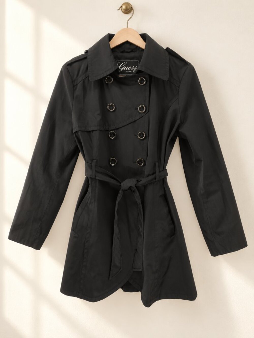 Guess, Women’s Y2K Double-Breasted Trench Coat, Black, Size Large